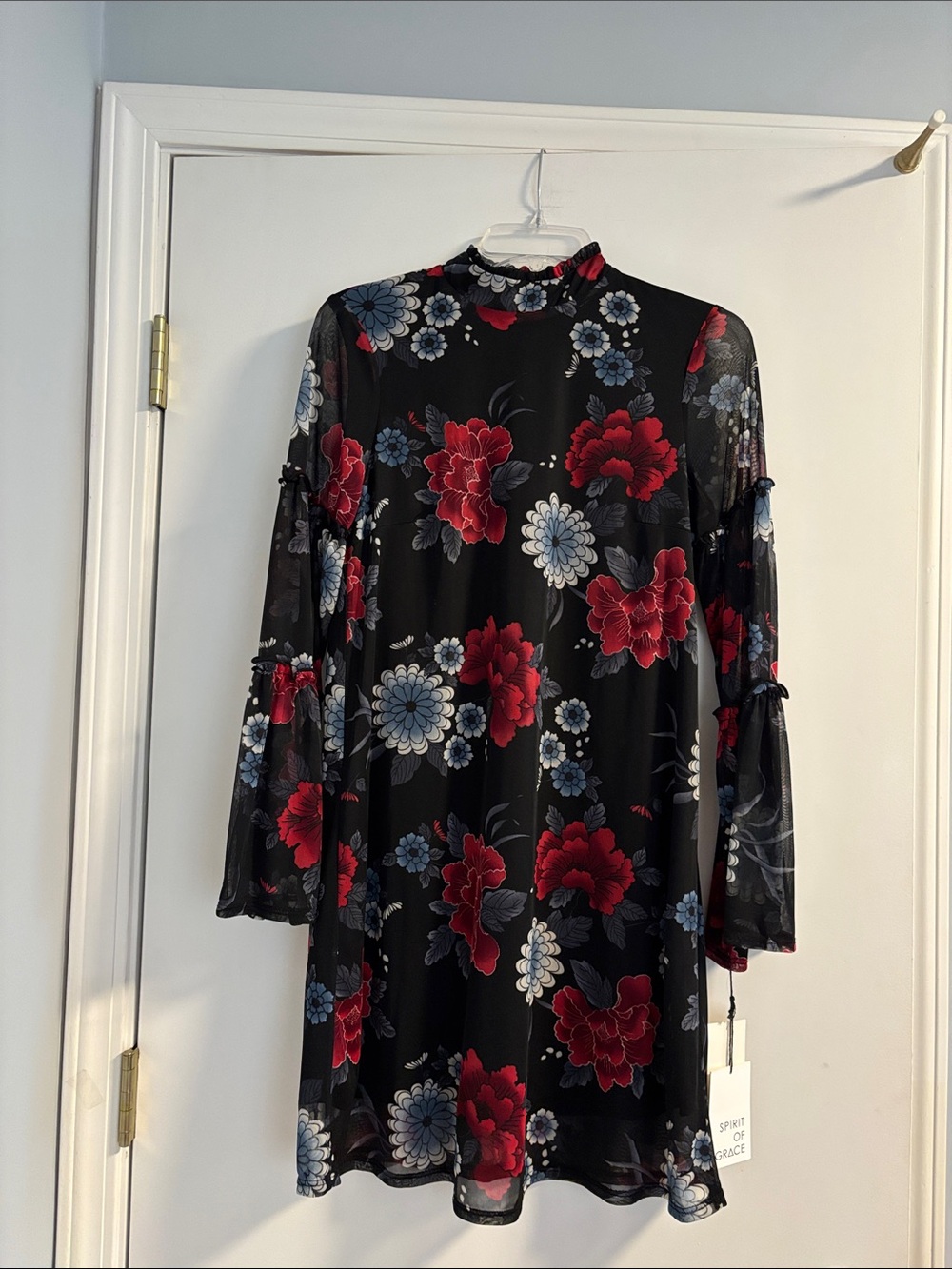 NWT Black Floral Mesh Long-Sleeve Shift Dress with Red & Blue Blooms XS